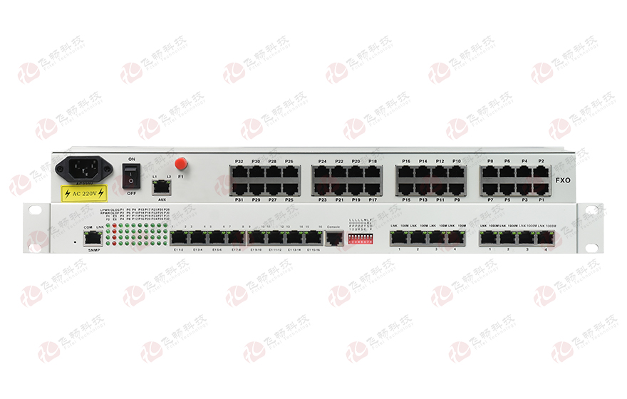 飛暢科技-32路電話+16E1+4FE+4GE+2路數(shù)據(jù)+SNMP+console（19英寸，物理隔離）電話光端機(jī)