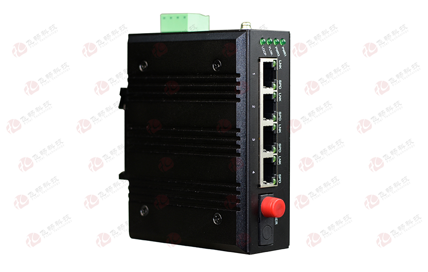 飛暢科技-mini工業(yè)軌式 4路百兆(物理隔離，總帶寬100M)轉(zhuǎn)1路百兆光